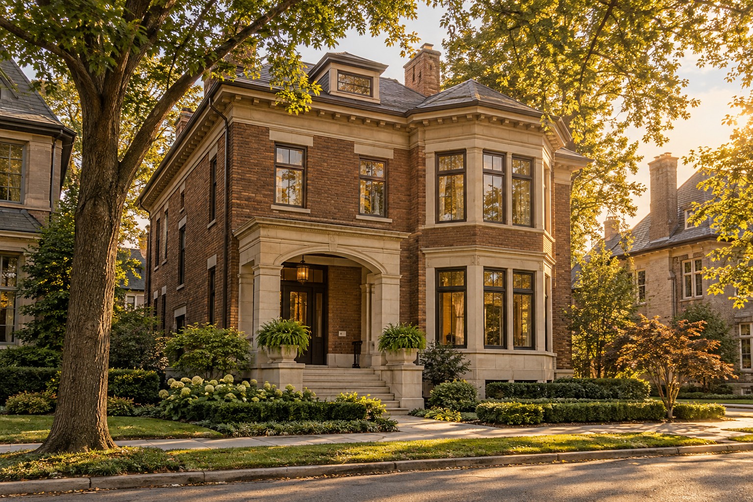 Illustrative residential architecture on a tree-lined street
